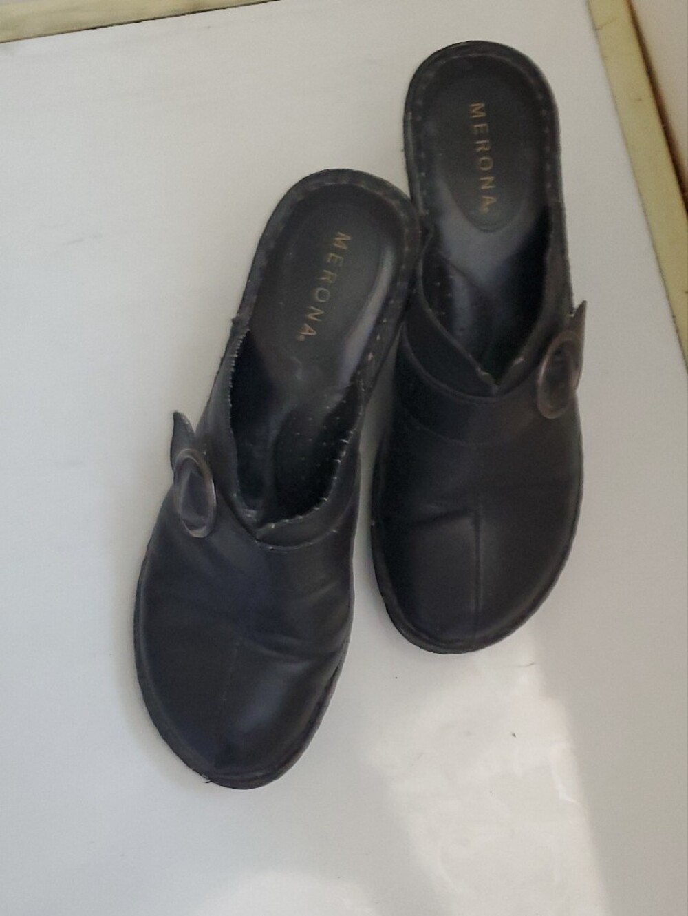 Black Leather High Heel Clogs with Buckle - Picture 7 of 11